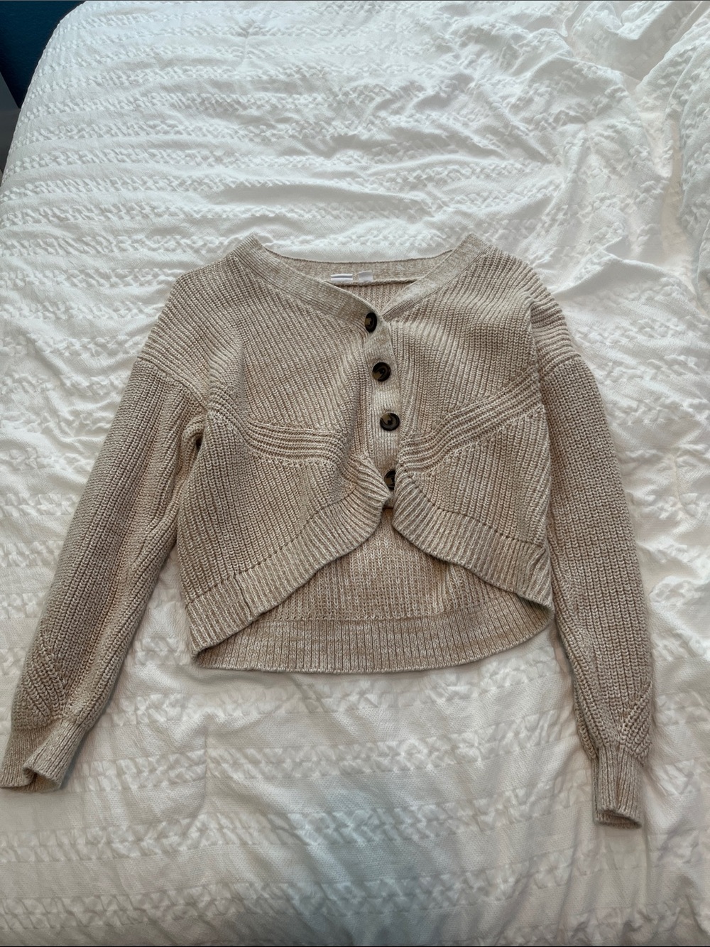 GAP Neutral Beige Cropped Rib-Knit Button Cardigan